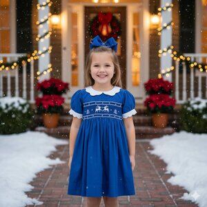 Blue Reindeer Smocked Bodice Dress - Christmas Holiday Collections